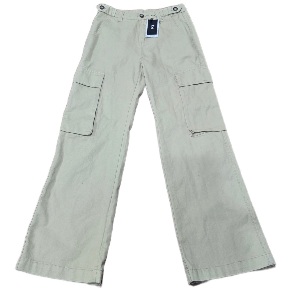 EM Mens Khaki Tan Wide Leg Cargo Pants 100% Cotton Utility Streetwear Size S NWT